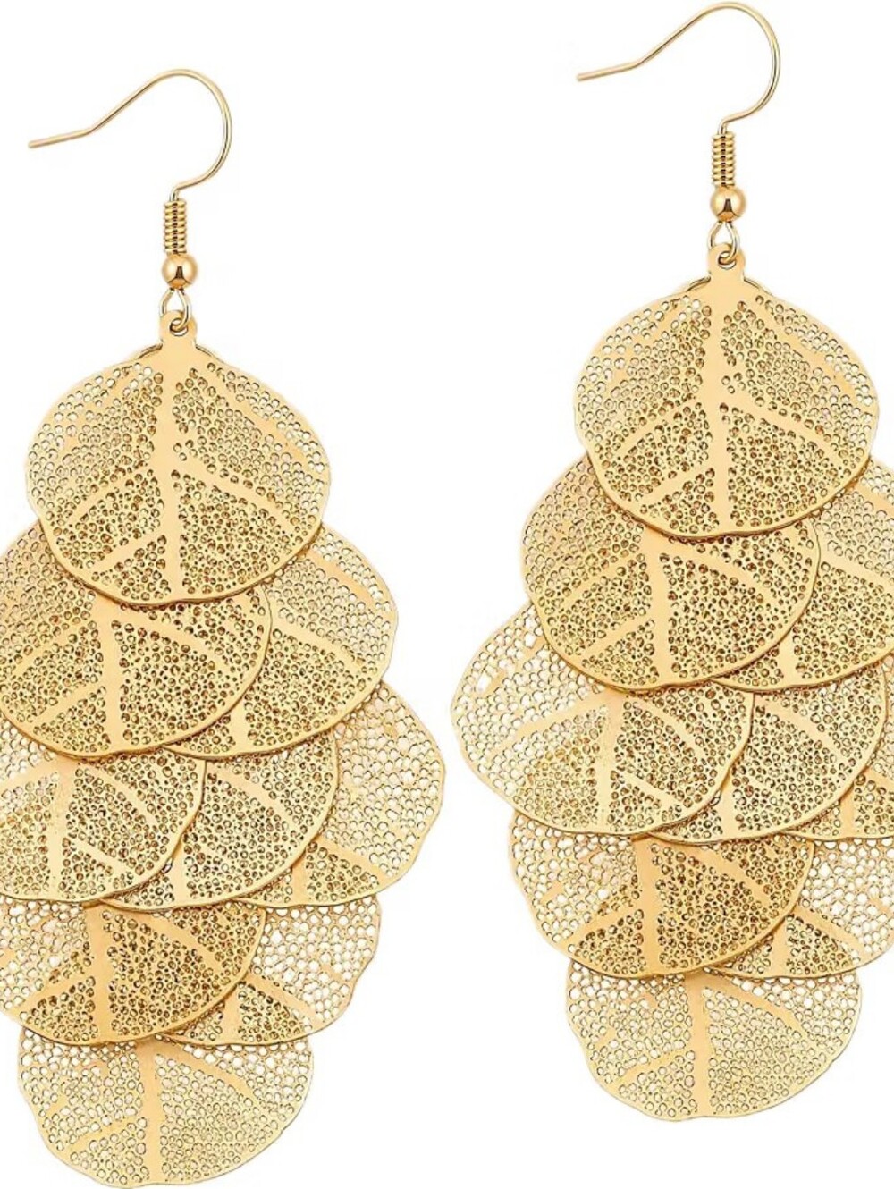 Gold Earrings Boho Leaf Filigree Long Dangle Lightweight Chandelier Drop Style